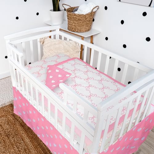 Product: Hahafelt 3 Pcs Baby Girls Crib Bedding Set Coquette Pink Bow Baby Bedding Set for Girls Coquettish Pink Heart Bow Infant Nursery Includes Quilt, Fitted Crib Sheet and Skirt