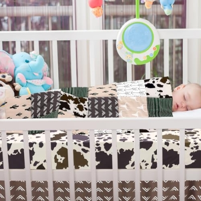 Western Cowboy Crib Bedding Set, 3 Piece Nursery Bundle, Comforter Fitted Sheet Dust Ruffle, Brown Green 32x41in Sheets 28x52in 12 Product: Hahafelt 3 Piece Patchwork Western Crib Bedding Set, Neutral Cow Cactus Print Baby Bedding, Barnyard Western Nursery Decor, Standard Size Soft Baby Bed Set Includes Quilt, Fitted Crib Sheet, Bed Skirt