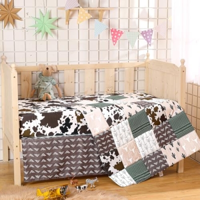 Western Cowboy Crib Bedding Set, 3 Piece Nursery Bundle, Comforter Fitted Sheet Dust Ruffle, Brown Green 32x41in Sheets 28x52in 10 Product: Hahafelt 3 Piece Patchwork Western Crib Bedding Set, Neutral Cow Cactus Print Baby Bedding, Barnyard Western Nursery Decor, Standard Size Soft Baby Bed Set Includes Quilt, Fitted Crib Sheet, Bed Skirt