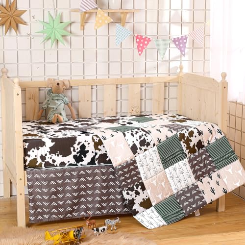 Western Cowboy Crib Bedding Set, 3 Piece Nursery Bundle, Comforter Fitted Sheet Dust Ruffle, Brown Green 32x41in Sheets 28x52in 3 Product: Hahafelt 3 Piece Patchwork Western Crib Bedding Set, Neutral Cow Cactus Print Baby Bedding, Barnyard Western Nursery Decor, Standard Size Soft Baby Bed Set Includes Quilt, Fitted Crib Sheet, Bed Skirt