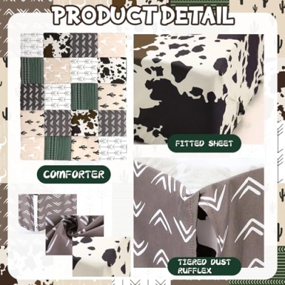 Western Cowboy Crib Bedding Set, 3 Piece Nursery Bundle, Comforter Fitted Sheet Dust Ruffle, Brown Green 32x41in Sheets 28x52in 9 Product: Hahafelt 3 Piece Patchwork Western Crib Bedding Set, Neutral Cow Cactus Print Baby Bedding, Barnyard Western Nursery Decor, Standard Size Soft Baby Bed Set Includes Quilt, Fitted Crib Sheet, Bed Skirt