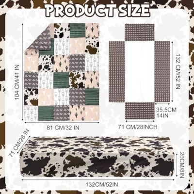 Western Cowboy Crib Bedding Set, 3 Piece Nursery Bundle, Comforter Fitted Sheet Dust Ruffle, Brown Green 32x41in Sheets 28x52in 8 Product: Hahafelt 3 Piece Patchwork Western Crib Bedding Set, Neutral Cow Cactus Print Baby Bedding, Barnyard Western Nursery Decor, Standard Size Soft Baby Bed Set Includes Quilt, Fitted Crib Sheet, Bed Skirt