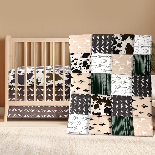 Hahafelt 3 Piece Patchwork Western Crib Bedding Set, Neutral Cow Cactus Print Baby Bedding, Barnyard Western Nursery Decor, Standard Size Soft Baby Bed Set Includes Quilt, Fitted Crib Sheet, Bed Skirt - Crib Bedding Sets Product: Hahafelt 3 Piece Patchwork Western Crib Bedding Set, Neutral Cow Cactus Print Baby Bedding, Barnyard Western Nursery Decor, Standard Size Soft Baby Bed Set Includes Quilt, Fitted Crib Sheet, Bed Skirt
