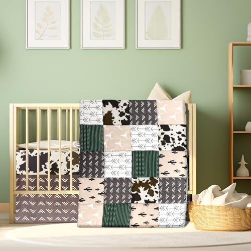 Western Cowboy Crib Bedding Set, 3 Piece Nursery Bundle, Comforter Fitted Sheet Dust Ruffle, Brown Green 32x41in Sheets 28x52in 6 Product: Hahafelt 3 Piece Patchwork Western Crib Bedding Set, Neutral Cow Cactus Print Baby Bedding, Barnyard Western Nursery Decor, Standard Size Soft Baby Bed Set Includes Quilt, Fitted Crib Sheet, Bed Skirt