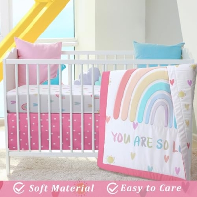 Rainbow Boho Crib Bedding Set for Girls, Pink Inspirational Quote Nursery Bedding, Fitted Sheet Comforter Crib Skirt, Standard Size 11 Product: Hahafelt 3 Piece Rainbow Boho Crib Bedding Set for Girls Inspirational Quote Pink Baby Crib Bedding Set Standard Size Nursery Bedding Includes Fitted Crib Sheet,Comforter, Crib Skirt