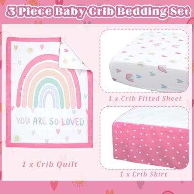Rainbow Boho Crib Bedding Set for Girls, Pink Inspirational Quote Nursery Bedding, Fitted Sheet Comforter Crib Skirt, Standard Size 8 Product: Hahafelt 3 Piece Rainbow Boho Crib Bedding Set for Girls Inspirational Quote Pink Baby Crib Bedding Set Standard Size Nursery Bedding Includes Fitted Crib Sheet,Comforter, Crib Skirt