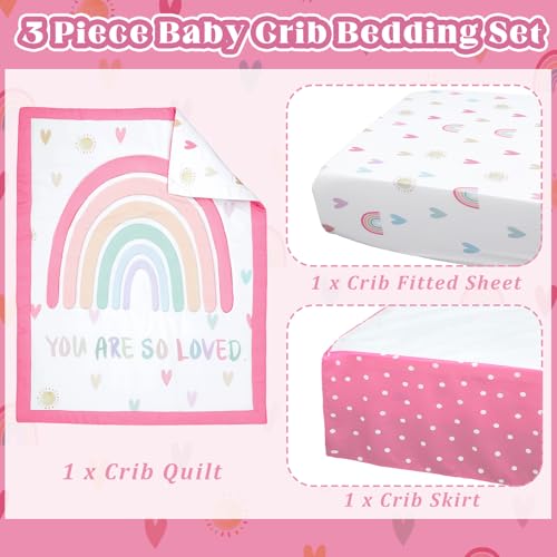 Rainbow Boho Crib Bedding Set for Girls, Pink Inspirational Quote Nursery Bedding, Fitted Sheet Comforter Crib Skirt, Standard Size 1 Product: Hahafelt 3 Piece Rainbow Boho Crib Bedding Set for Girls Inspirational Quote Pink Baby Crib Bedding Set Standard Size Nursery Bedding Includes Fitted Crib Sheet,Comforter, Crib Skirt