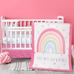 Product: Hahafelt 3 Piece Rainbow Boho Crib Bedding Set for Girls Inspirational Quote Pink Baby Crib Bedding Set Standard Size Nursery Bedding Includes Fitted Crib Sheet,Comforter, Crib Skirt