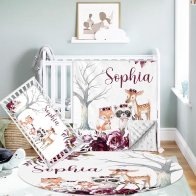 Product: Hatchaa Personalized Baby Crib Bedding Set - 3 Piece Custom Name Nursery Bedding Crib Set for Girls Boys, Floral Woodland Animals Baby Bedding Sets for Toddlers Infants New Parents Customized Gifts