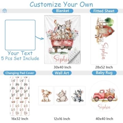 Product: Hatchaa Personalized Baby Crib Bedding Set, 5 Pcs Custom Farm Animals Pattern Nurery Bedding Set for Boys and Girls, Baby Blanket with Dotted Backing, Newborns Infant & Toddler Customized Gifts