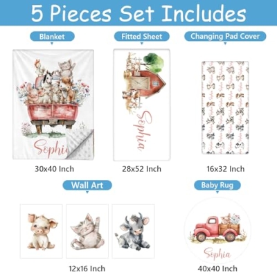 Product: Hatchaa Personalized Baby Crib Bedding Set, 5 Pcs Custom Farm Animals Pattern Nurery Bedding Set for Boys and Girls, Baby Blanket with Dotted Backing, Newborns Infant & Toddler Customized Gifts
