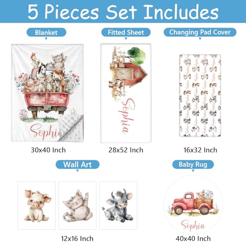 Product: Hatchaa Personalized Baby Crib Bedding Set, 5 Pcs Custom Farm Animals Pattern Nurery Bedding Set for Boys and Girls, Baby Blanket with Dotted Backing, Newborns Infant & Toddler Customized Gifts