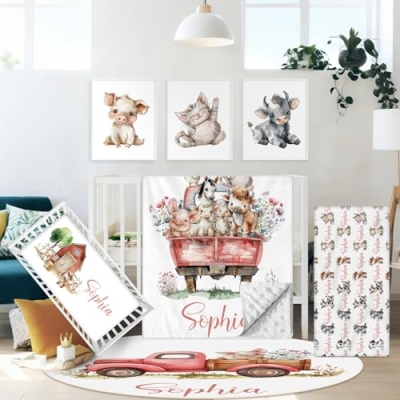 Product: Hatchaa Personalized Baby Crib Bedding Set, 5 Pcs Custom Farm Animals Pattern Nurery Bedding Set for Boys and Girls, Baby Blanket with Dotted Backing, Newborns Infant & Toddler Customized Gifts
