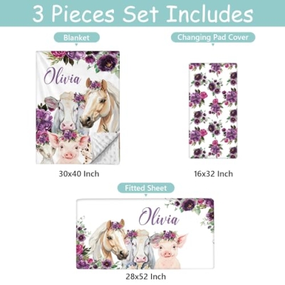 Product: Hatchaa Personalized Name Baby Crib Bedding Set - 3 Piece Print Farm Animals Baby Crib Set for Girls Boys, Toddler Crib Bedding Set, Double Layer Blanket, Customized Gift for Infants Newborns Kids