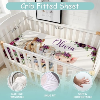 Product: Hatchaa Personalized Name Baby Crib Bedding Set - 3 Piece Print Farm Animals Baby Crib Set for Girls Boys, Toddler Crib Bedding Set, Double Layer Blanket, Customized Gift for Infants Newborns Kids
