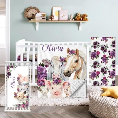 Product: Hatchaa Personalized Name Baby Crib Bedding Set - 3 Piece Print Farm Animals Baby Crib Set for Girls Boys, Toddler Crib Bedding Set, Double Layer Blanket, Customized Gift for Infants Newborns Kids