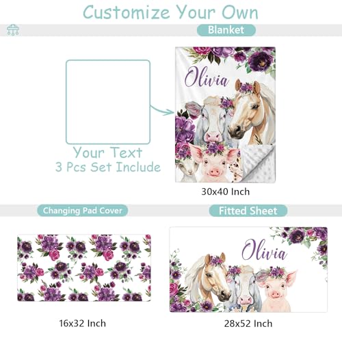 Product: Hatchaa Personalized Name Baby Crib Bedding Set - 3 Piece Print Farm Animals Baby Crib Set for Girls Boys, Toddler Crib Bedding Set, Double Layer Blanket, Customized Gift for Infants Newborns Kids