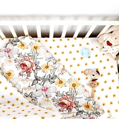 Vintage Floral Crib Bedding Set, 4 Piece Nursery Bundle, Comforter Sheet Skirt Diaper Organizer, Standard Crib Mattress 14 Product: HNHUAMING 4-Piece Crib Bedding Set for Girls, Boho Baby Girl Bedding Set with Crib Skirt, Baby Quilt, Crib Sheet and Diaper Stacker, Flower