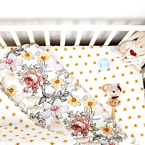 Vintage Floral Crib Bedding Set, 4 Piece Nursery Bundle, Comforter Sheet Skirt Diaper Organizer, Standard Crib Mattress 6 Product: HNHUAMING 4-Piece Crib Bedding Set for Girls, Boho Baby Girl Bedding Set with Crib Skirt, Baby Quilt, Crib Sheet and Diaper Stacker, Flower
