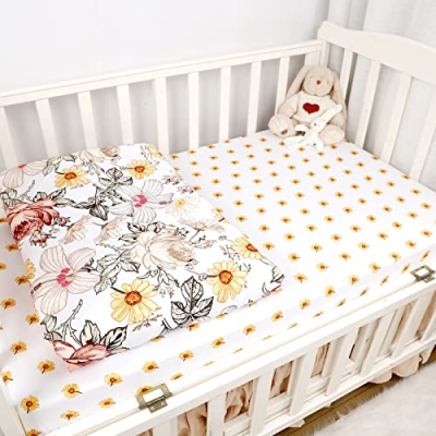 Vintage Floral Crib Bedding Set, 4 Piece Nursery Bundle, Comforter Sheet Skirt Diaper Organizer, Standard Crib Mattress 13 Product: HNHUAMING 4-Piece Crib Bedding Set for Girls, Boho Baby Girl Bedding Set with Crib Skirt, Baby Quilt, Crib Sheet and Diaper Stacker, Flower