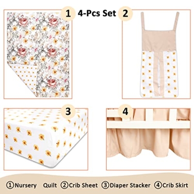 Vintage Floral Crib Bedding Set, 4 Piece Nursery Bundle, Comforter Sheet Skirt Diaper Organizer, Standard Crib Mattress 9 Product: HNHUAMING 4-Piece Crib Bedding Set for Girls, Boho Baby Girl Bedding Set with Crib Skirt, Baby Quilt, Crib Sheet and Diaper Stacker, Flower