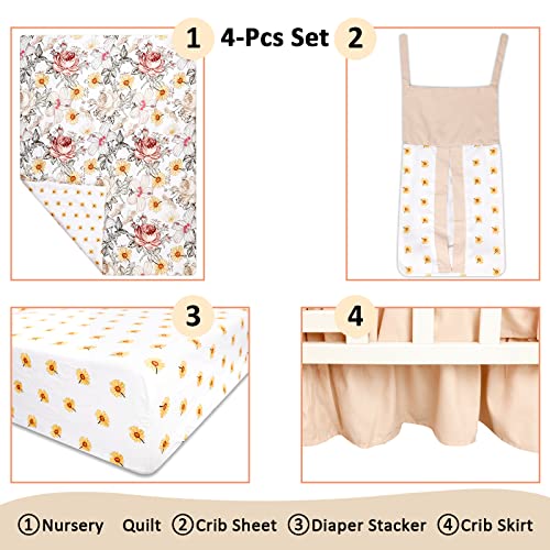 Vintage Floral Crib Bedding Set, 4 Piece Nursery Bundle, Comforter Sheet Skirt Diaper Organizer, Standard Crib Mattress 1 Product: HNHUAMING 4-Piece Crib Bedding Set for Girls, Boho Baby Girl Bedding Set with Crib Skirt, Baby Quilt, Crib Sheet and Diaper Stacker, Flower