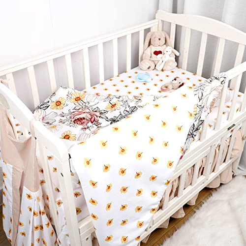 Vintage Floral Crib Bedding Set, 4 Piece Nursery Bundle, Comforter Sheet Skirt Diaper Organizer, Standard Crib Mattress 7 Product: HNHUAMING 4-Piece Crib Bedding Set for Girls, Boho Baby Girl Bedding Set with Crib Skirt, Baby Quilt, Crib Sheet and Diaper Stacker, Flower
