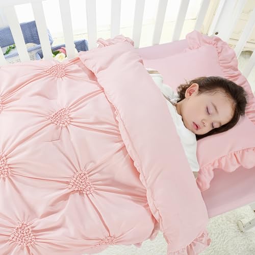 Princess Pink Crib Bedding Set, HOMBYS Baby Girl Nursery Comforter, Ruffle Pintuck Sheet Set, 55x37in 3 Product: HOMBYS 3 Pieces Princess Pink CribBedding Set for Baby Girls, Ultra Soft Blush Pinch Pleat Comforter Set with Ruffles for All Season