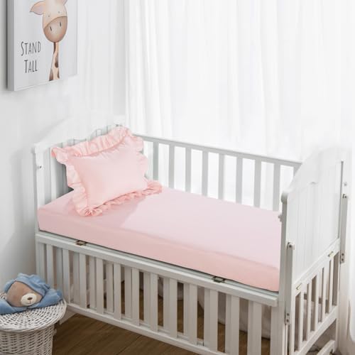 Princess Pink Crib Bedding Set, HOMBYS Baby Girl Nursery Comforter, Ruffle Pintuck Sheet Set, 55x37in 4 Product: HOMBYS 3 Pieces Princess Pink CribBedding Set for Baby Girls, Ultra Soft Blush Pinch Pleat Comforter Set with Ruffles for All Season