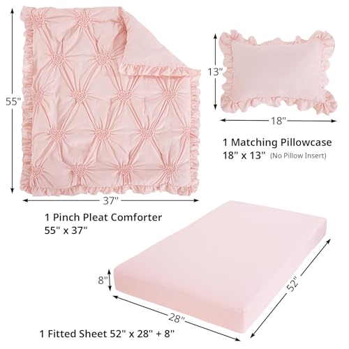 Princess Pink Crib Bedding Set, HOMBYS Baby Girl Nursery Comforter, Ruffle Pintuck Sheet Set, 55x37in 2 Product: HOMBYS 3 Pieces Princess Pink CribBedding Set for Baby Girls, Ultra Soft Blush Pinch Pleat Comforter Set with Ruffles for All Season