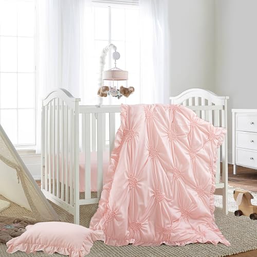 Princess Pink Crib Bedding Set, HOMBYS Baby Girl Nursery Comforter, Ruffle Pintuck Sheet Set, 55x37in 1 Product: HOMBYS 3 Pieces Princess Pink CribBedding Set for Baby Girls, Ultra Soft Blush Pinch Pleat Comforter Set with Ruffles for All Season