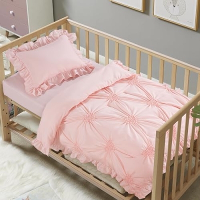 Product: HOMBYS 3 Pieces Princess Pink CribBedding Set for Baby Girls, Ultra Soft Blush Pinch Pleat Comforter Set with Ruffles for All Season