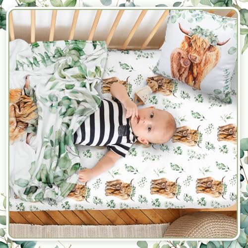 Product: HunnmingRe Baby Highland Cow Crib Bedding Set 3 Pcs Crib Set Baby Blanket, Fitted Sheet, Pillowcase Soft Flannel Nursery Bedding for Standard Infant Bed and Toddler Mattress Newborns Gifts