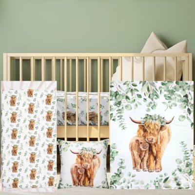 Product: HunnmingRe Baby Highland Cow Crib Bedding Set 3 Pcs Crib Set Baby Blanket, Fitted Sheet, Pillowcase Soft Flannel Nursery Bedding for Standard Infant Bed and Toddler Mattress Newborns Gifts