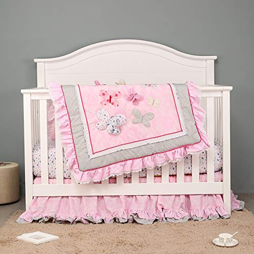 Product: JAHJERO Pink 3D Butterfly Nursery Crib Bedding Set for Girls 100% Cotton Baby Girl Cot Bedding Set 28 x 52 in