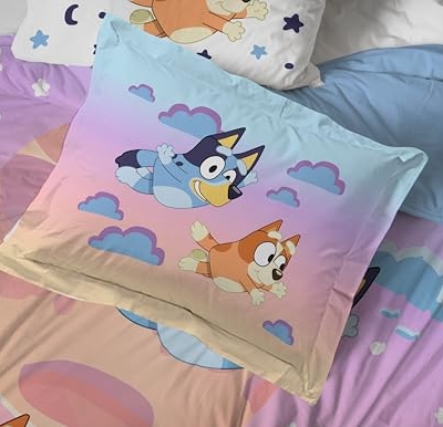 Bluey & Bingo Toddler Bedding Set, 4 Piece Quilt Sheets Pillowcase, Bright Playful Colours, 28 x 52 in 12 Product: Jay Franco Bluey & Bingo Toddler Comforter Set - 4 Piece Bed Set Includes Sheet Set & Pillow Covers - Super Soft Clouds & Stars Kids Bedding