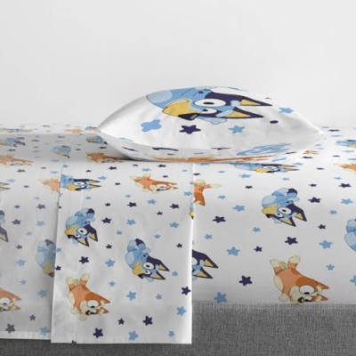 Bluey & Bingo Toddler Bedding Set, 4 Piece Quilt Sheets Pillowcase, Bright Playful Colours, 28 x 52 in 10 Product: Jay Franco Bluey & Bingo Toddler Comforter Set - 4 Piece Bed Set Includes Sheet Set & Pillow Covers - Super Soft Clouds & Stars Kids Bedding
