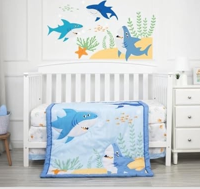 Product: JHLCARPET - 3pcs Blue Ocean World Baby Crib Bedding Set (Quilt, Fitted Crib Sheet, Crib Skirt)