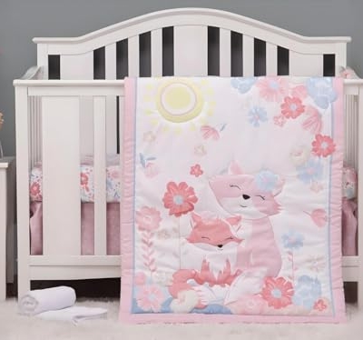 Product: JHLCARPET Animals 3pcs Baby Crib Bedding Set (Quilt, Fitted Crib Sheet, Crib Skirt) Pink Nursery Bedding Set for Girls Crib Bedding Sets for Girls (Fox)