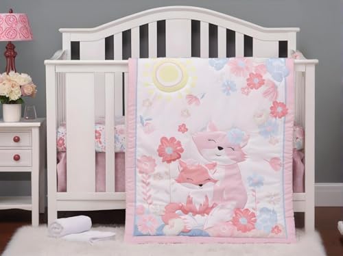 Product: JHLCARPET Animals 3pcs Baby Crib Bedding Set (Quilt, Fitted Crib Sheet, Crib Skirt) Pink Nursery Bedding Set for Girls Crib Bedding Sets for Girls (Fox)
