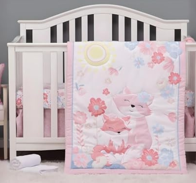 Product: JHLCARPET Animals 3pcs Baby Crib Bedding Set (Quilt, Fitted Crib Sheet, Crib Skirt) Pink Nursery Bedding Set for Girls Crib Bedding Sets for Girls (Fox)
