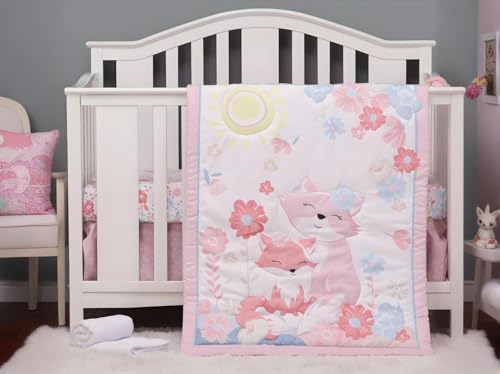 Product: JHLCARPET Animals 3pcs Baby Crib Bedding Set (Quilt, Fitted Crib Sheet, Crib Skirt) Pink Nursery Bedding Set for Girls Crib Bedding Sets for Girls (Fox)