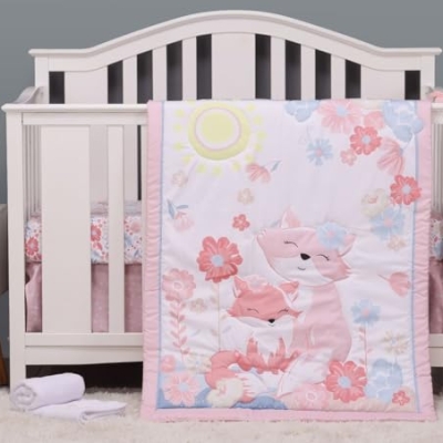 Product: JHLCARPET Animals 3pcs Baby Crib Bedding Set (Quilt, Fitted Crib Sheet, Crib Skirt) Pink Nursery Bedding Set for Girls Crib Bedding Sets for Girls (Fox)
