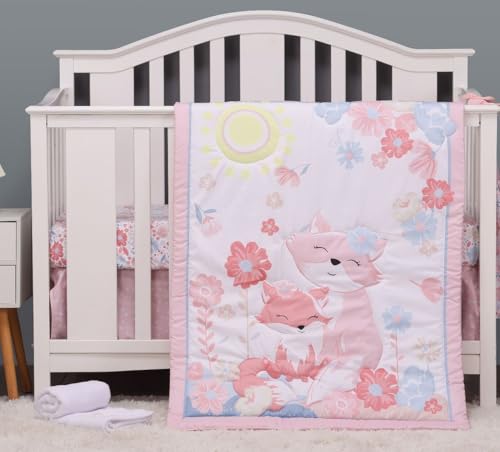 Product: JHLCARPET Animals 3pcs Baby Crib Bedding Set (Quilt, Fitted Crib Sheet, Crib Skirt) Pink Nursery Bedding Set for Girls Crib Bedding Sets for Girls (Fox)