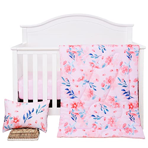 Crib Bedding Set, Pink Flowers Nursery Bedding, 3 Piece Microfiber Quilt Sheet Pillowcase, 33x42 52x28 13x18 7 Product: JISEN 3 Piece Crib Bedding Set Crib Quilt Crib Sheet Pillowcase - Soft Microfiber Printed Nursery Set for Baby Boys or Girls Pink Flowers