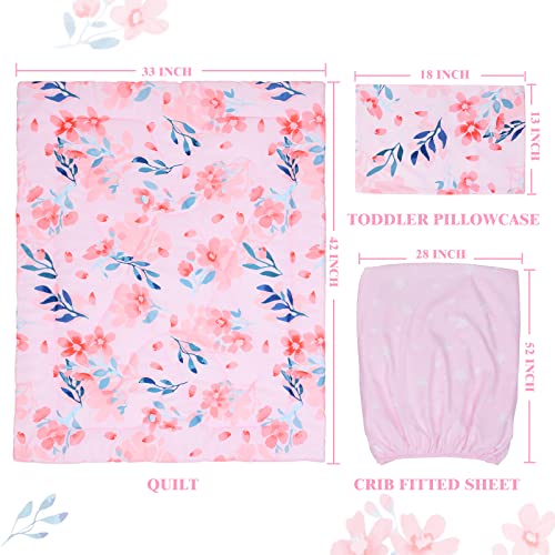 Crib Bedding Set, Pink Flowers Nursery Bedding, 3 Piece Microfiber Quilt Sheet Pillowcase, 33x42 52x28 13x18 4 Product: JISEN 3 Piece Crib Bedding Set Crib Quilt Crib Sheet Pillowcase - Soft Microfiber Printed Nursery Set for Baby Boys or Girls Pink Flowers
