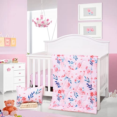 Crib Bedding Set, Pink Flowers Nursery Bedding, 3 Piece Microfiber Quilt Sheet Pillowcase, 33x42 52x28 13x18 17 Product: JISEN 3 Piece Crib Bedding Set Crib Quilt Crib Sheet Pillowcase - Soft Microfiber Printed Nursery Set for Baby Boys or Girls Pink Flowers