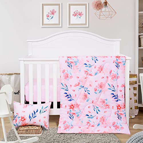 Crib Bedding Set, Pink Flowers Nursery Bedding, 3 Piece Microfiber Quilt Sheet Pillowcase, 33x42 52x28 13x18 1 Product: JISEN 3 Piece Crib Bedding Set Crib Quilt Crib Sheet Pillowcase - Soft Microfiber Printed Nursery Set for Baby Boys or Girls Pink Flowers