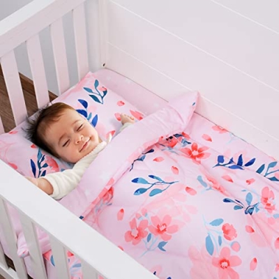 Crib Bedding Set, Pink Flowers Nursery Bedding, 3 Piece Microfiber Quilt Sheet Pillowcase, 33x42 52x28 13x18 11 Product: JISEN 3 Piece Crib Bedding Set Crib Quilt Crib Sheet Pillowcase - Soft Microfiber Printed Nursery Set for Baby Boys or Girls Pink Flowers