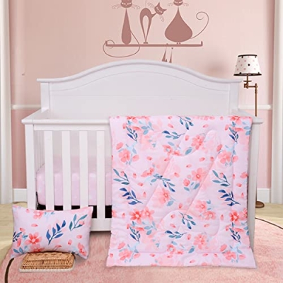Product: JISEN 3 Piece Crib Bedding Set Crib Quilt Crib Sheet Pillowcase - Soft Microfiber Printed Nursery Set for Baby Boys or Girls Pink Flowers